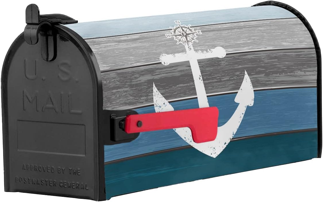 LiDU Navy Blue Grey Ombre Wood Mailbox Covers - Magnetic Standard Size 18.5"x21.7", Beach Nautical Anchor Ocean Coastal Mailbox Decorations for Outside Garden Yard