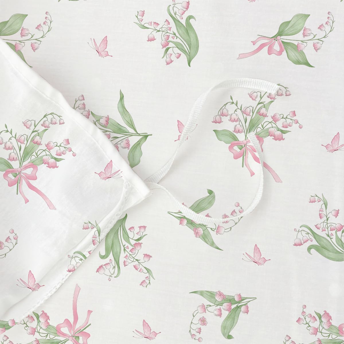 Girls Floral Duvet Cover Queen, 3 Piece Pink Bow Bedding Set, Lily of the Valley with Butterfly Design, 1 Duvet Cover and 2 Pillowcases, Soft Breathable Microfibre Reversible