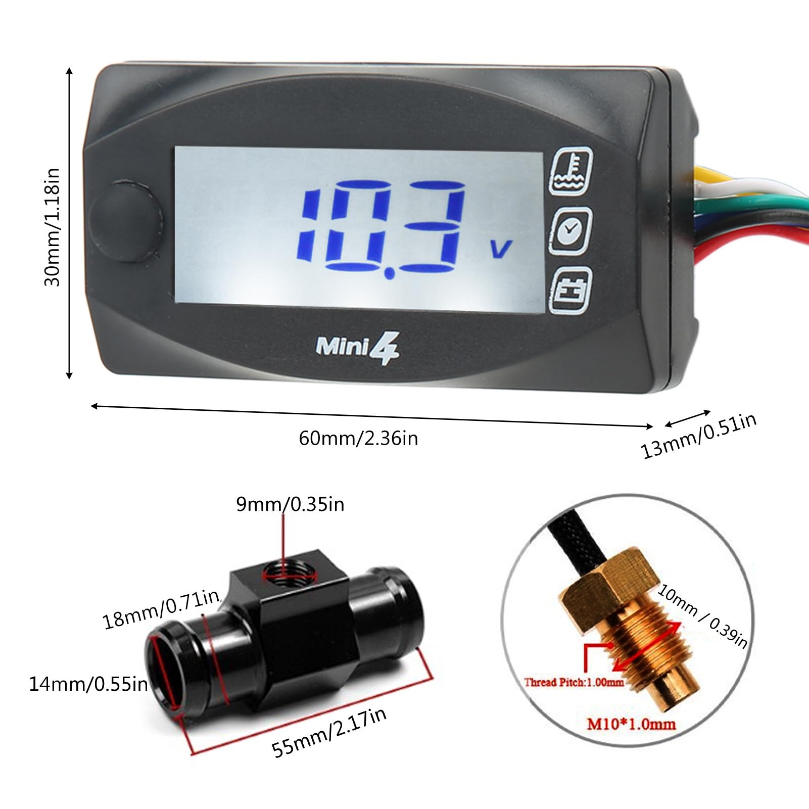 Termómetro Xtevu, medidor de tiempo de voltaje LCD de motocicleta, Medidor de temperatura del motor 4 en 1 pantalla, pantalla de termómetro digital universal DC12V (18MM)