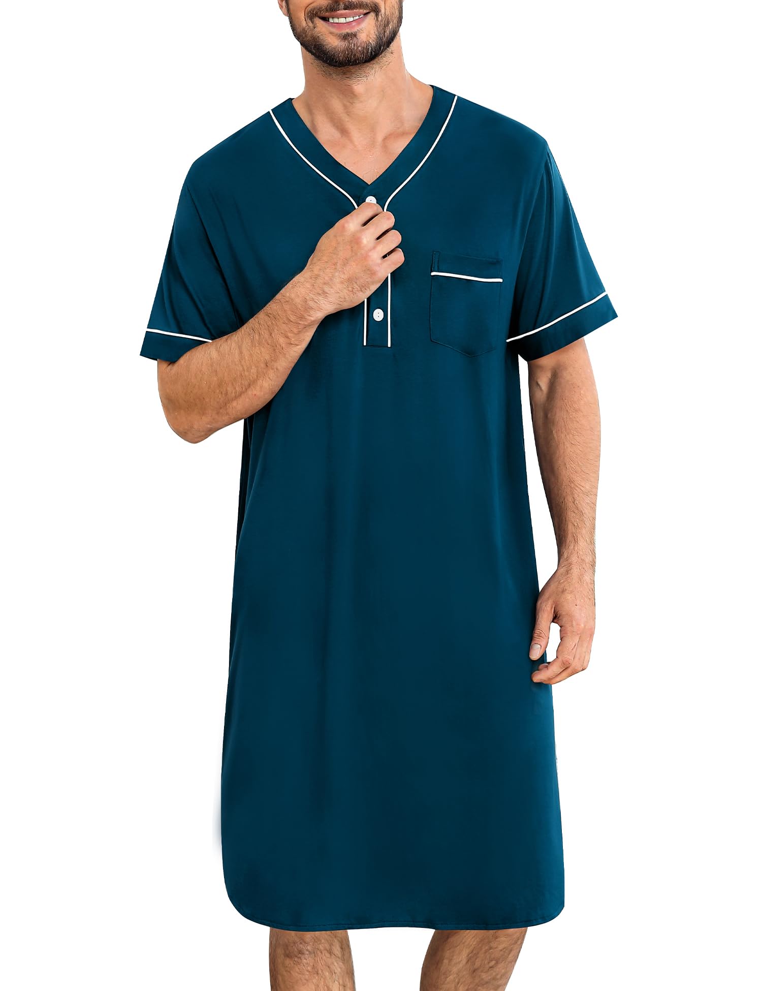SWOMOG Mens Nightgown Short Sleeve Lounge, Sleep Henley Shirt Pajama Big &amp; Tall Nightshirt Comfy Nightwear M-3XL