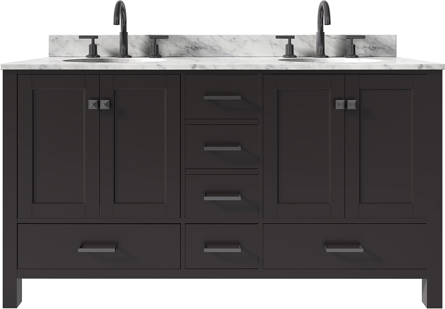 ARIEL Double Bathroom Vanity 61" Espresso with Italian Carrara Marble Countertop & Backsplash, Center Oval Sinks, 4 Soft Closing Doors, 6 Full Extension Dovetail Drawers, Matte Black