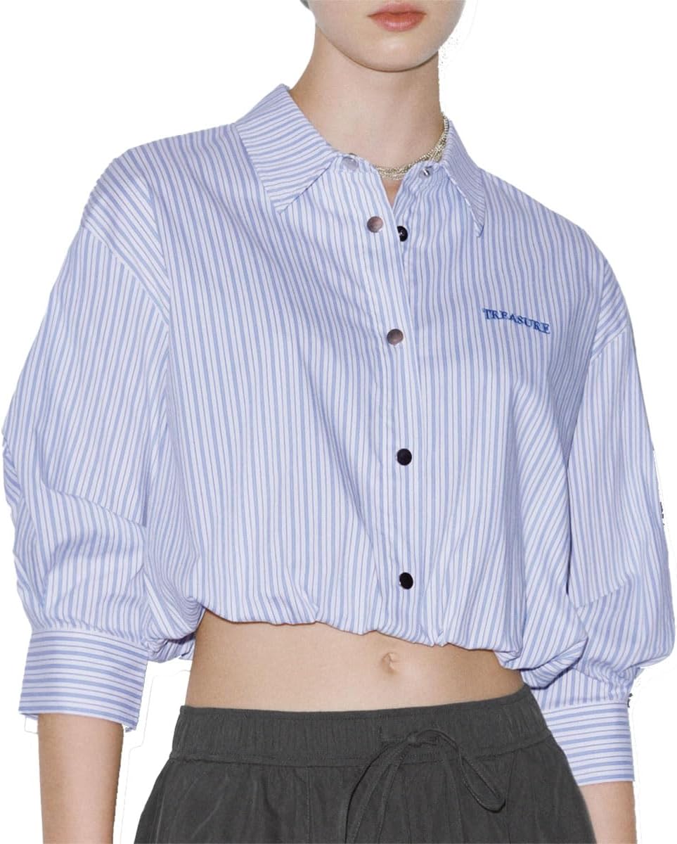 URBAN REVIVO Women's Striped Crop Shirt with Medium Long Sleeves, Soft Breathable Fabric