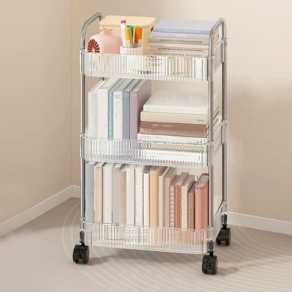 Carrito de almacenamiento acrílico de 3 niveles con ruedas de bloqueo y asa, estantes rodantes versátiles para baño, cocina y dormitorio, estante de utilidad que ahorra espacio