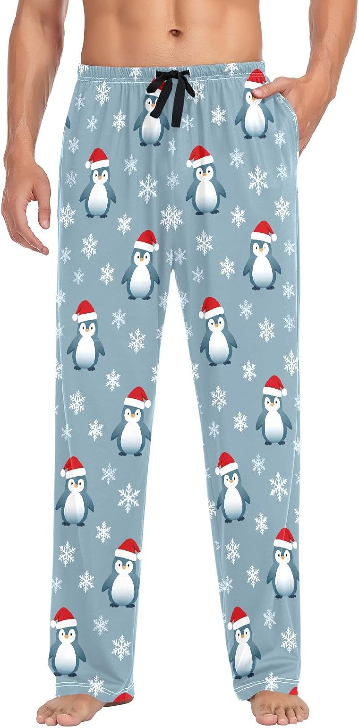 ALAZA Christmas Penguin Snowflake Men's Pajama Pants Men Cotton Pajama Bottoms with Pockets, S