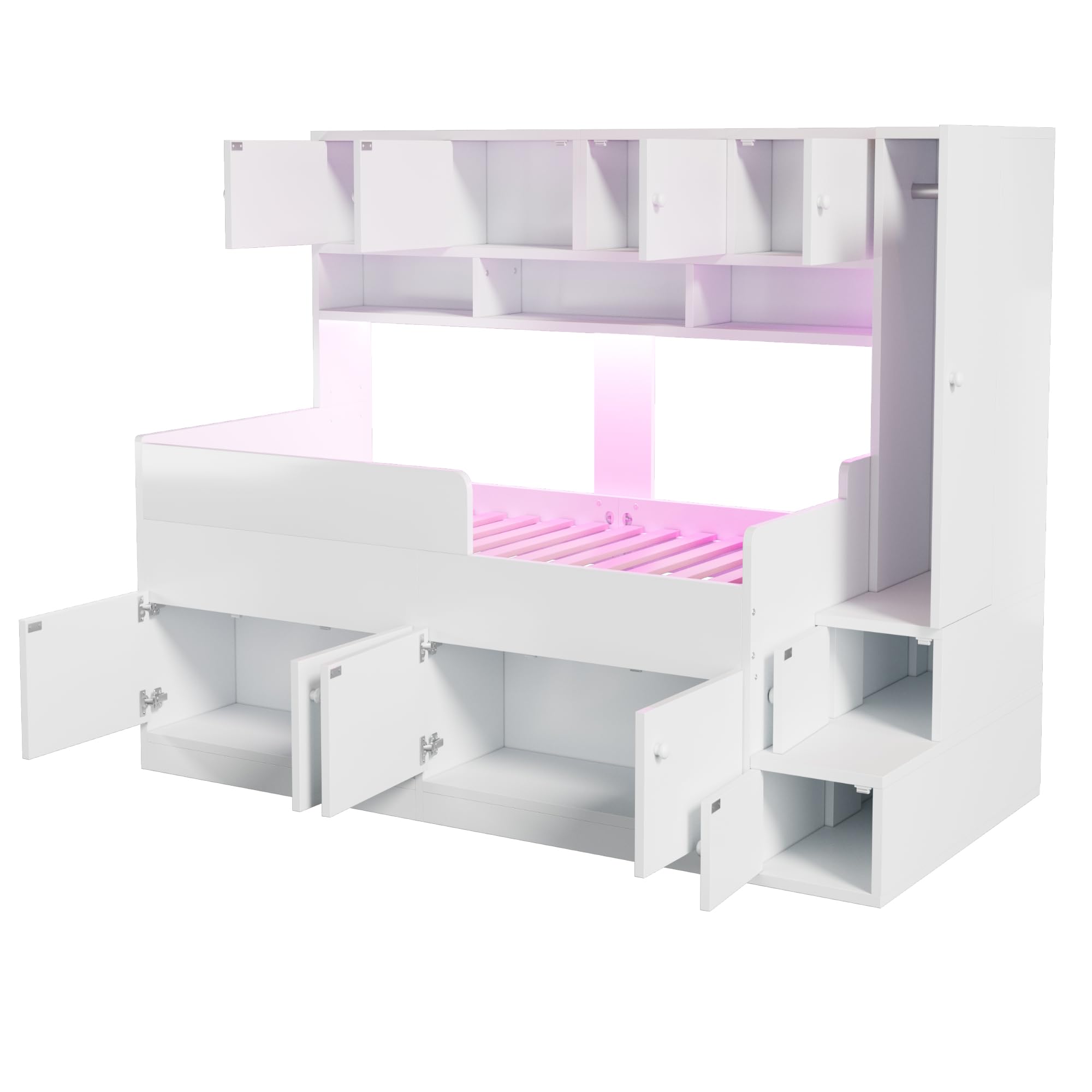 Kebnor Cama infantil de madera de 90 x 200 cm, con espacio de almacenamiento, estantes, armario y escalera de escalada sencilla, con iluminación LED, marco de cuna con barandilla de seguridad (color