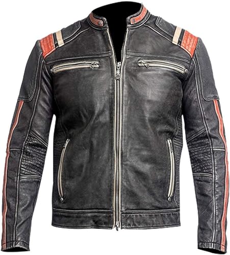 LP-FACON Chaqueta de cuero genuino vintage negro envejecido Cafe Racer Retro Biker para hombre