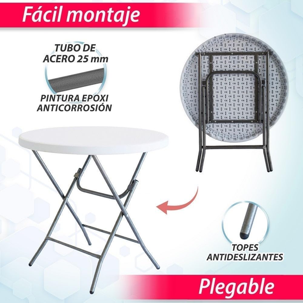 LOLAhome Mesa Plegable, de Acero Anticorrosión y HDPE (De Ø 80x74 cm) | Resistente, fácil Transporte, fácil Montaje | Ideal Acampadas, Picnic, Catering, Jardín, Terraza