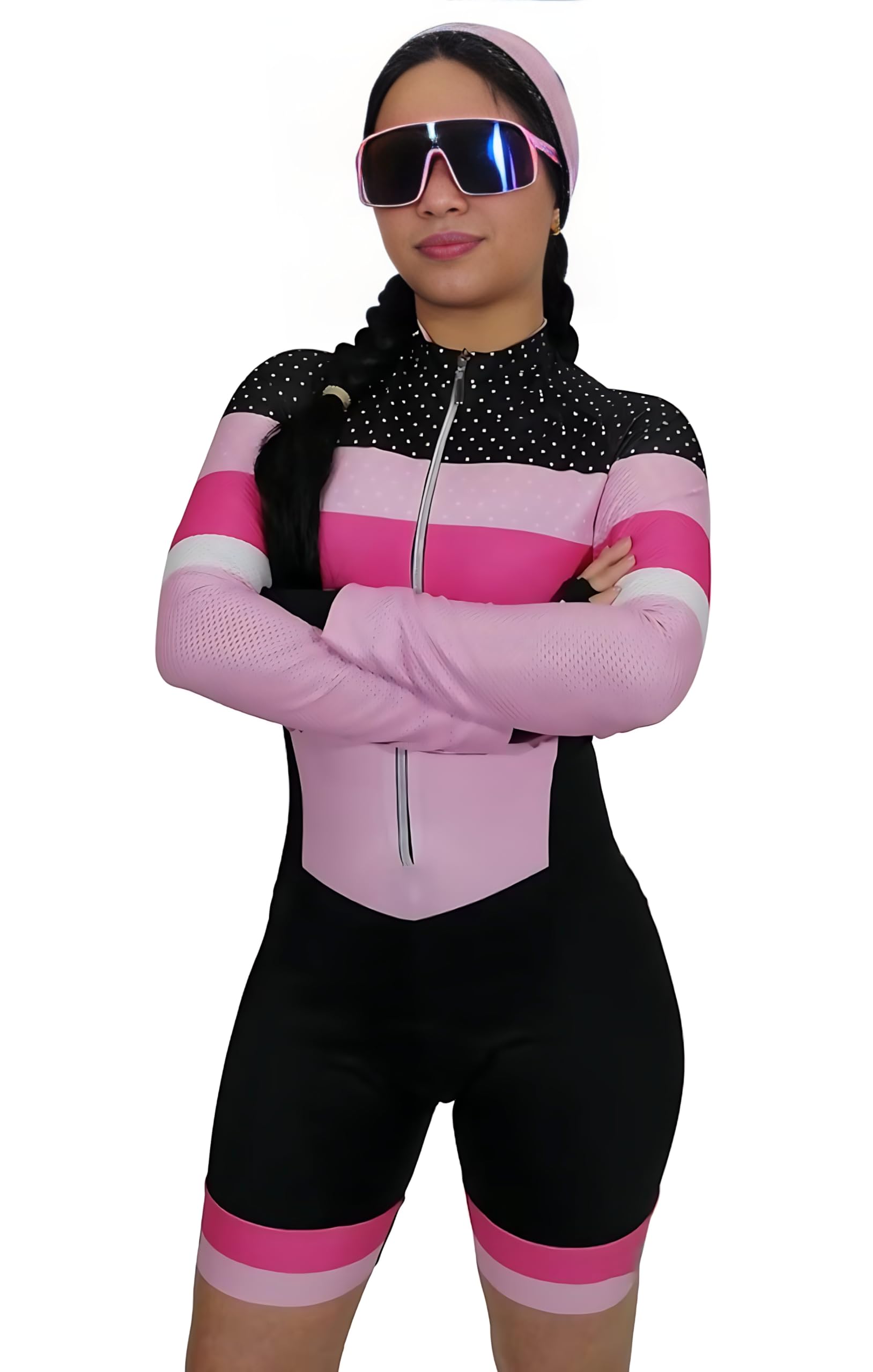 Tuta da triathlon da donna, a maniche lunghe, rosa, rosso, patchwork, modello 3D, XS-3XL