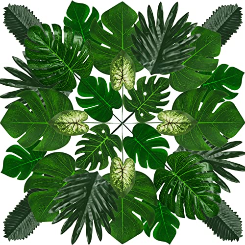 PietyPet 50 Pieces 7 Kinds Tropical Party Decorations Jungle Monstera Leaves Safari Leaves, Artificial Palm Leaves with Faux Stem for Hawaiian Luau Party Jungle Beach Table Leave Decorations