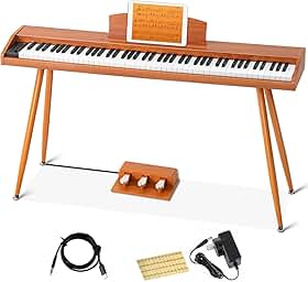 VEDO Teclado Musical, 88 Teclas Piano Digital Kit, Piano Digital para Iniciantes, 800 Tons, 600 ritmos, 80 Canções de Demonstração, Profissional Pedal Triplo, MIDI-USB, IOS, Pad, Win, Android, Marrom