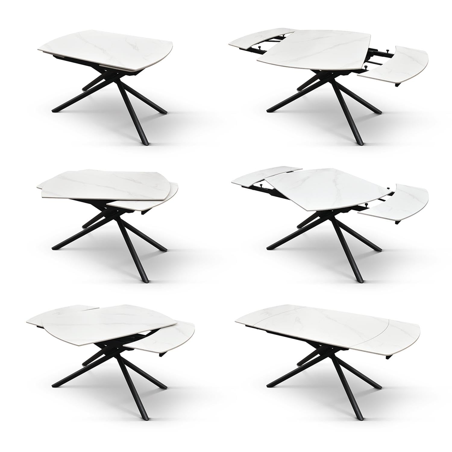 KONTE.DESIGN Tavolo BONIFACIO in ceramica bianco statuario e base in metallo verniciato nero, allungabile 120x88 cm - 180x88 cm