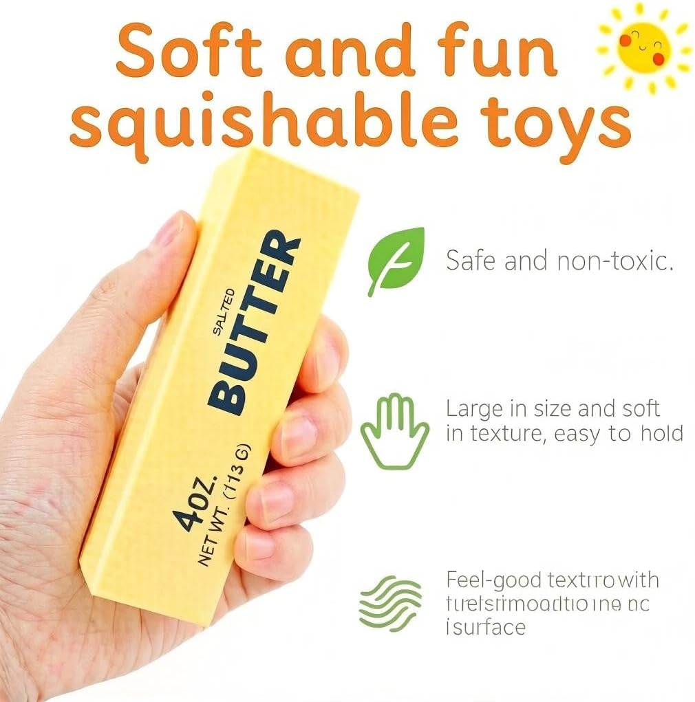 Butter Squishy– Slow Rising Squishy Butter Stick, Realistic Food Fidget Toys for Adults, Stress Relief & Anxiety Relief, Soft PU Material, Portable 5.5 Inch Squeeze Toys for Office & Home