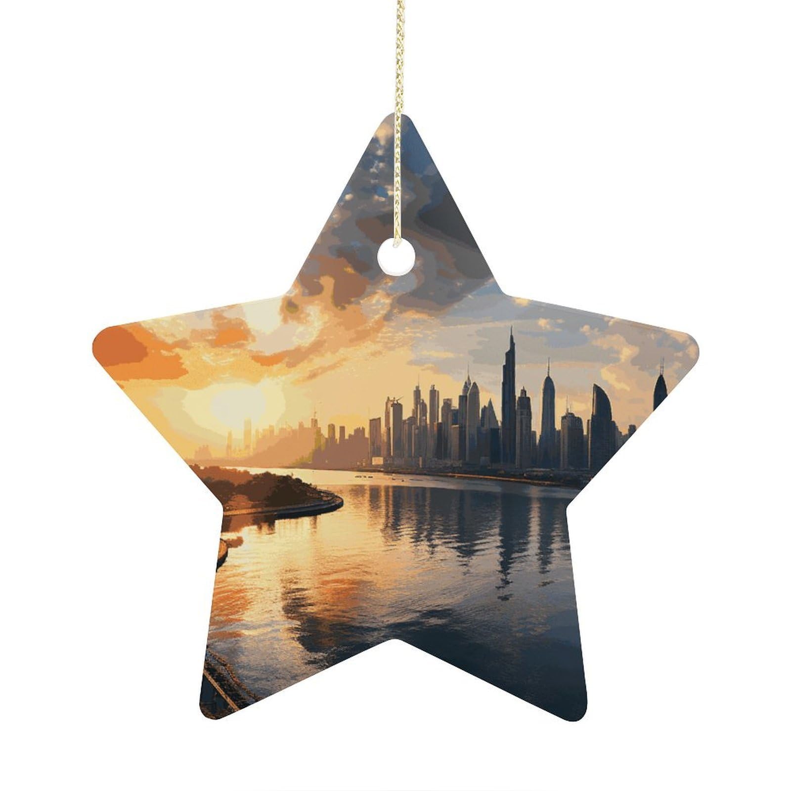 New York in The Sunset Stars Ornaments Ceramic Christmas Tree Hanging Light in Weight Christmas Star Pendants Funny Double-Sided Printed Xmas Ornaments for Gifts