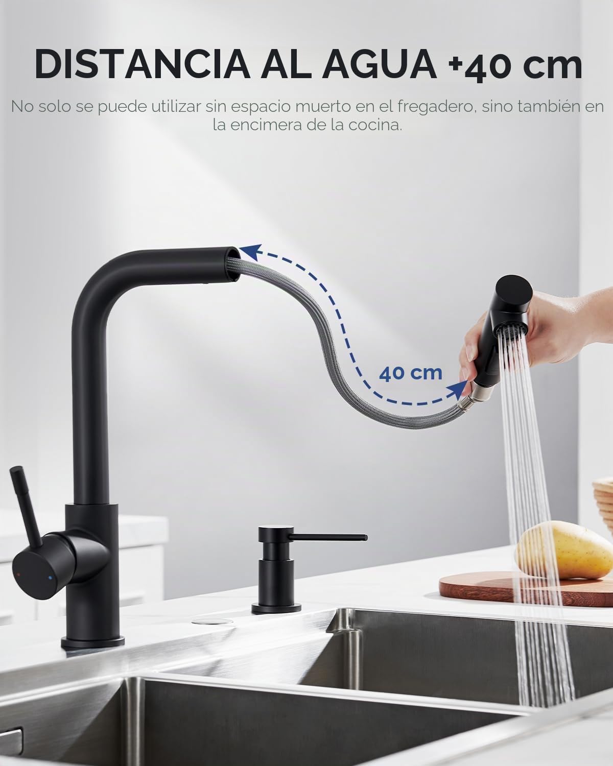 Fregadero de granito negro 70x45 cm con grifo mezclador y juego de ducha extraíble, fregadero de cocina rectangular para mueble bajo de 70 cm, fregadero de cocina con accesorios de drenaje