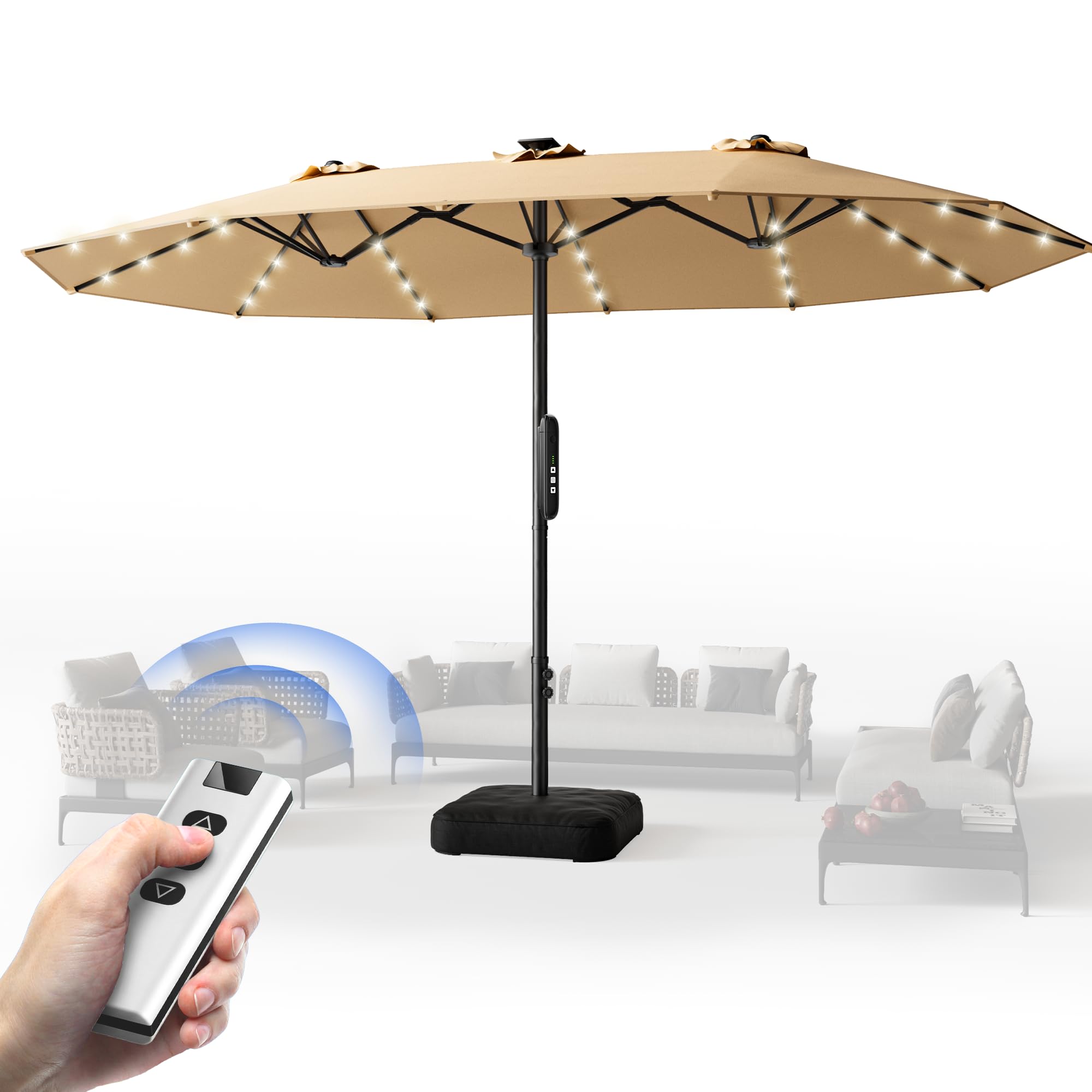 Photo 1 of HOMSHADE 15FT Motorized Electric Large Patio Umbrella with Base and Solar Lights Outdoor, Double-Sided Rectangle Umbrella with Remote Control, 30° Auto-Open for Pool Deck Table Market Backyard, Beige