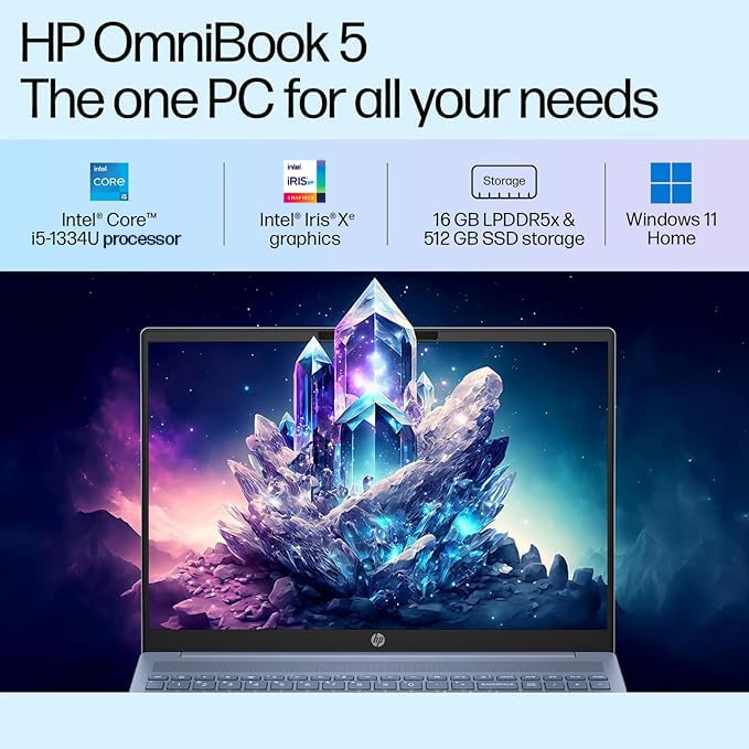 Image of HP OmniBook 5 Metallic(Previously Pavilion) 13th Gen Intel Core i5 1334U (16GB LPDDR5X, 512GB SSD) WUXGA, 2K, IPS, 16'' /40.6cm, Win11, M365 Basic(1yr)*Office24, Blue,1.79kg, ba1123TU,FHD camera Laptop