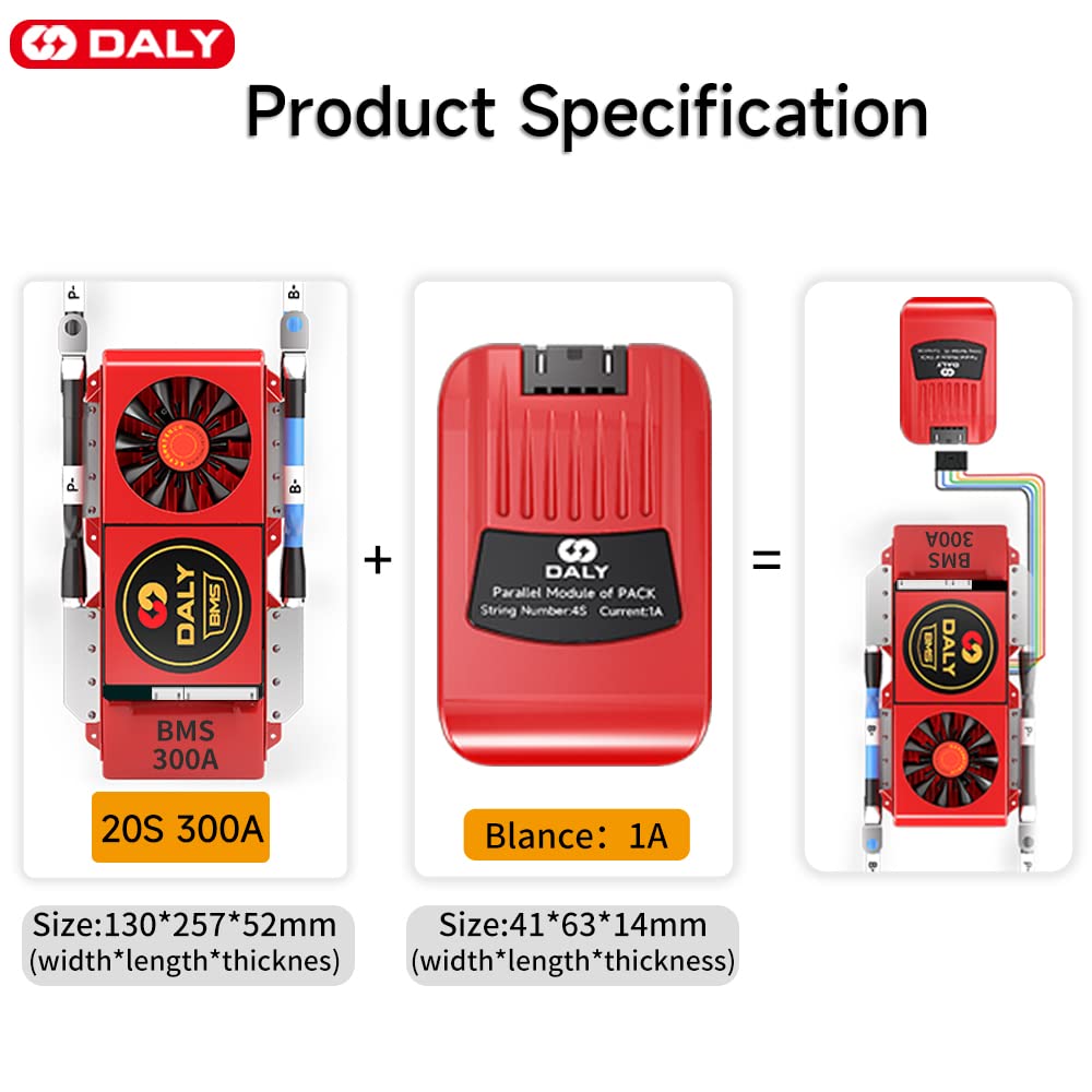 DALY BMS Parallel Module 1A With Smart BMS 20S LiFePo4 60V 300A Cooling Fan And CAN Port Smart BMS Bluetooth Dongle For Rated 3.2V Lithium Battery Packs Inverter UPS And Home Storage System