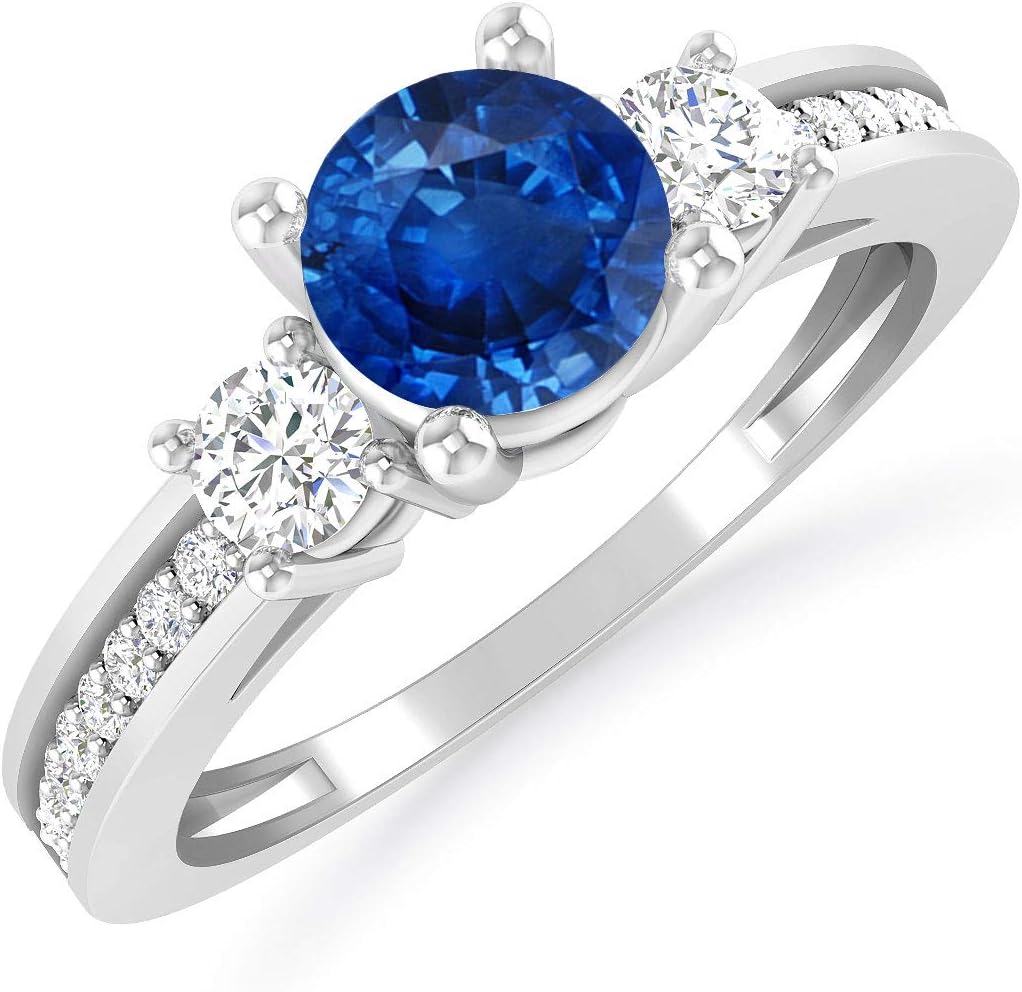 Inspereza 0.84 Carat 10K White Gold Blue Sapphire and Diamond 3 Stone Engagement Ring for Women (H-I Color, I2-I3 Clarity) - Ideal Engagement or Anniversary Ring