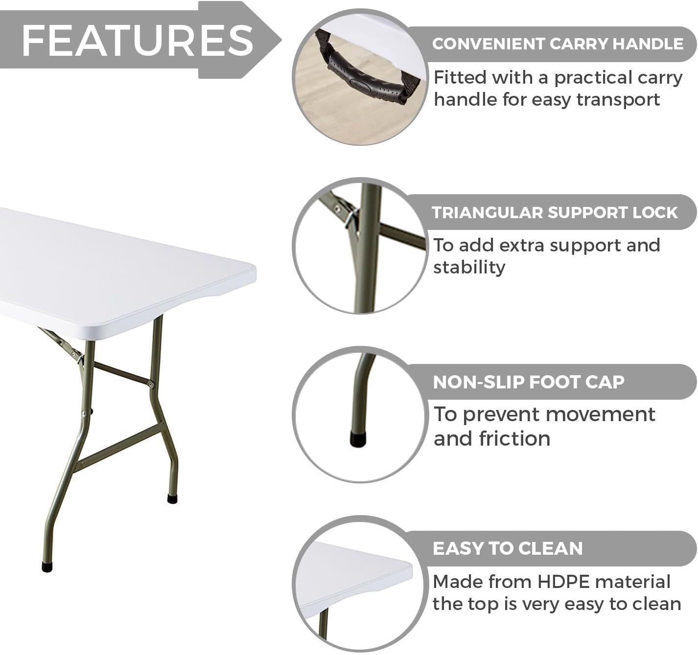 Home Source 6ft Folding Trestle White with Carry Handle Heavy Duty Table for Camping Catering BBQ Picnic Party
