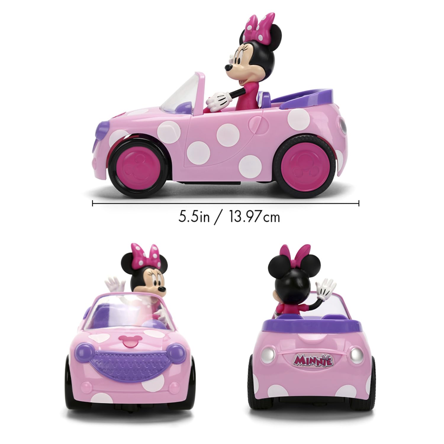Jada Toys RC Minnie Mouse Roadster (14 cm, 1:32) – zdalnie sterowany samochód Disney o częstotliwości 2,4 GHz, do 2,5 kmh, zabawka dla fanów i dzieci od 3 lat, w zestawie pilot zdalnego sterowania