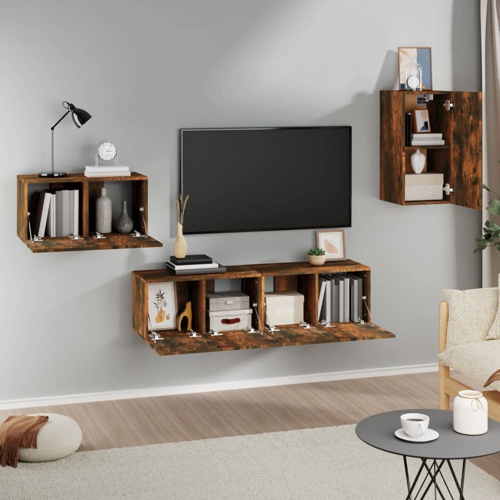Générique Set mobile TV 4 pezzi Chene Fume, legno Ingenierie | Design da parete, grande spazio per riviste DVD, porte antipolvere, facile da pulire