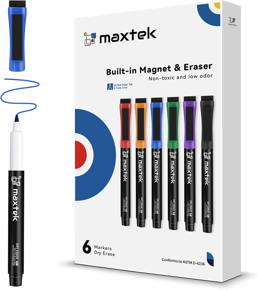 maxtek Magnetic Dry Erase Markers, 6 Colors | Ultra Fine Tip, 0.7mm Extra Fine Point, With Eraser, For Planning Whiteboard, Calendar Boards, Low Odor