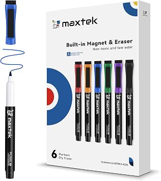 maxtek Magnetic Dry Erase Markers Ultra Fine Tip, 0.7mm Extra Fine Point Thin Dry Erase Markers with Eraser for Planning Whiteboard, Calendar Boards, 6 Colors, Low Odor