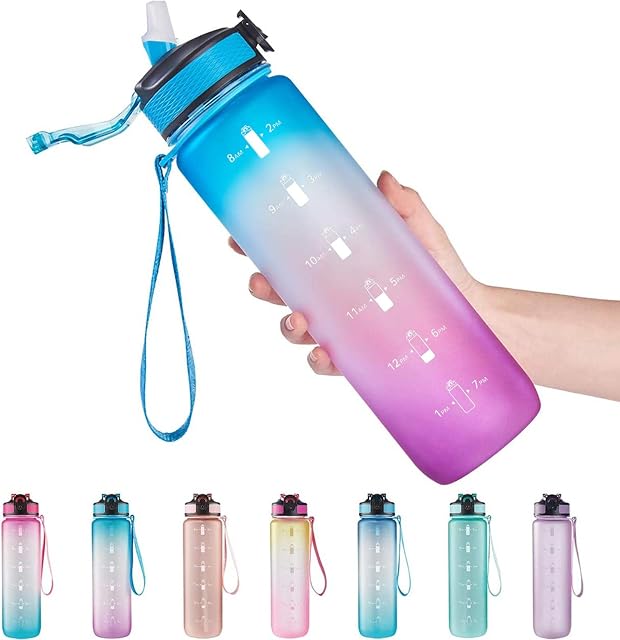 EYQ 1L Water Bottle, Sport Water Bottle with Straw, Tritan BPA Free, Dishwasher Safe- BluePurple