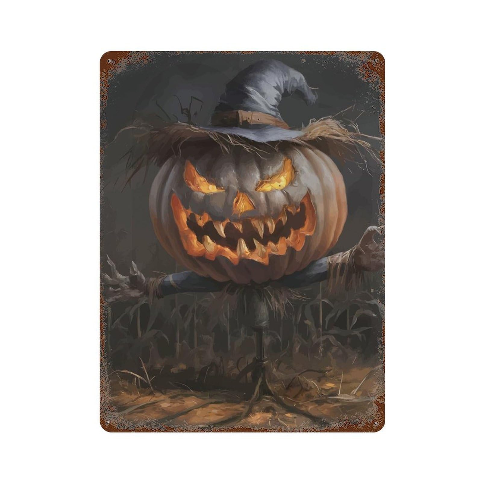 Decorative Tin Sign Halloween Pumpkin Scarecrow Illustration 15.7"x11.8", Vintage Wall Decor for Pub, Kitchen And Man Cave Decor