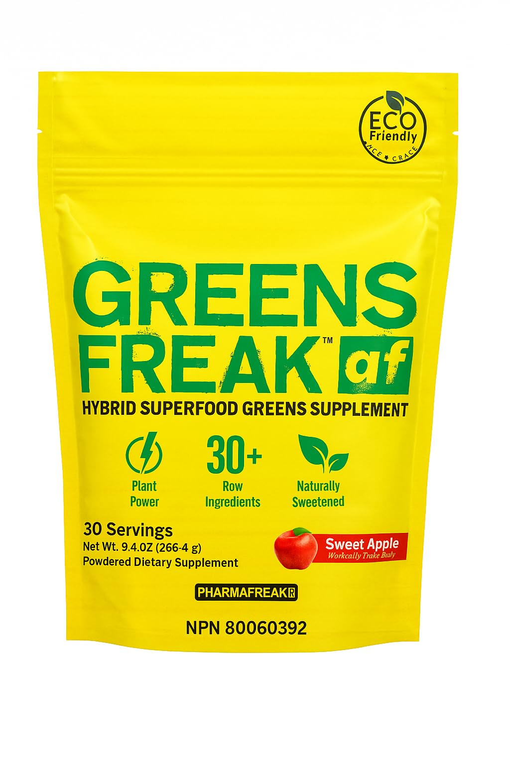 Pharmafreak Greens Freak Super Greens Powder for Men & Women - 30+ Superfoods, Spirulina, Chlorella, Wheatgrass, Probiotics & Enzymes - Gut Health, Energy & Immunity - Sweet Apple, 30 Servings