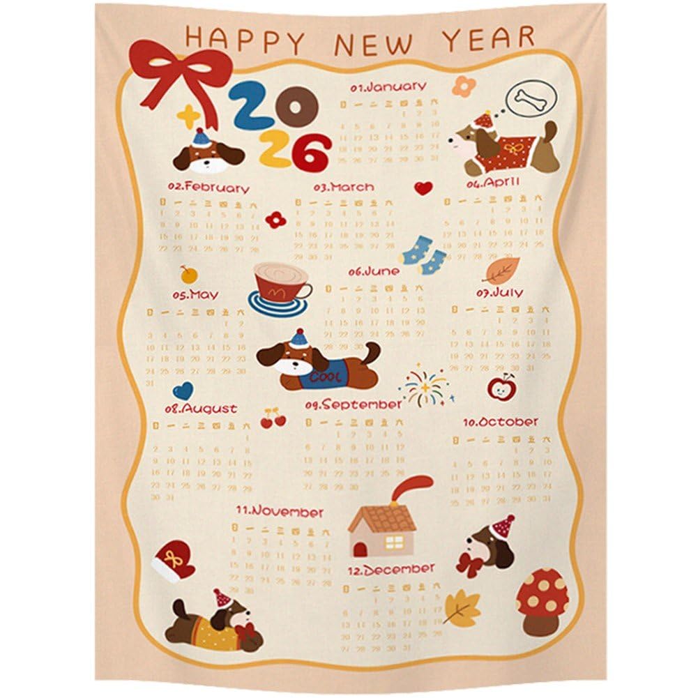 Simamile 壁掛けカレンダー タペストリー ダックスフント犬柄 2026年 大型 吊り下げ ホーム オフィス 装飾用 カラフル