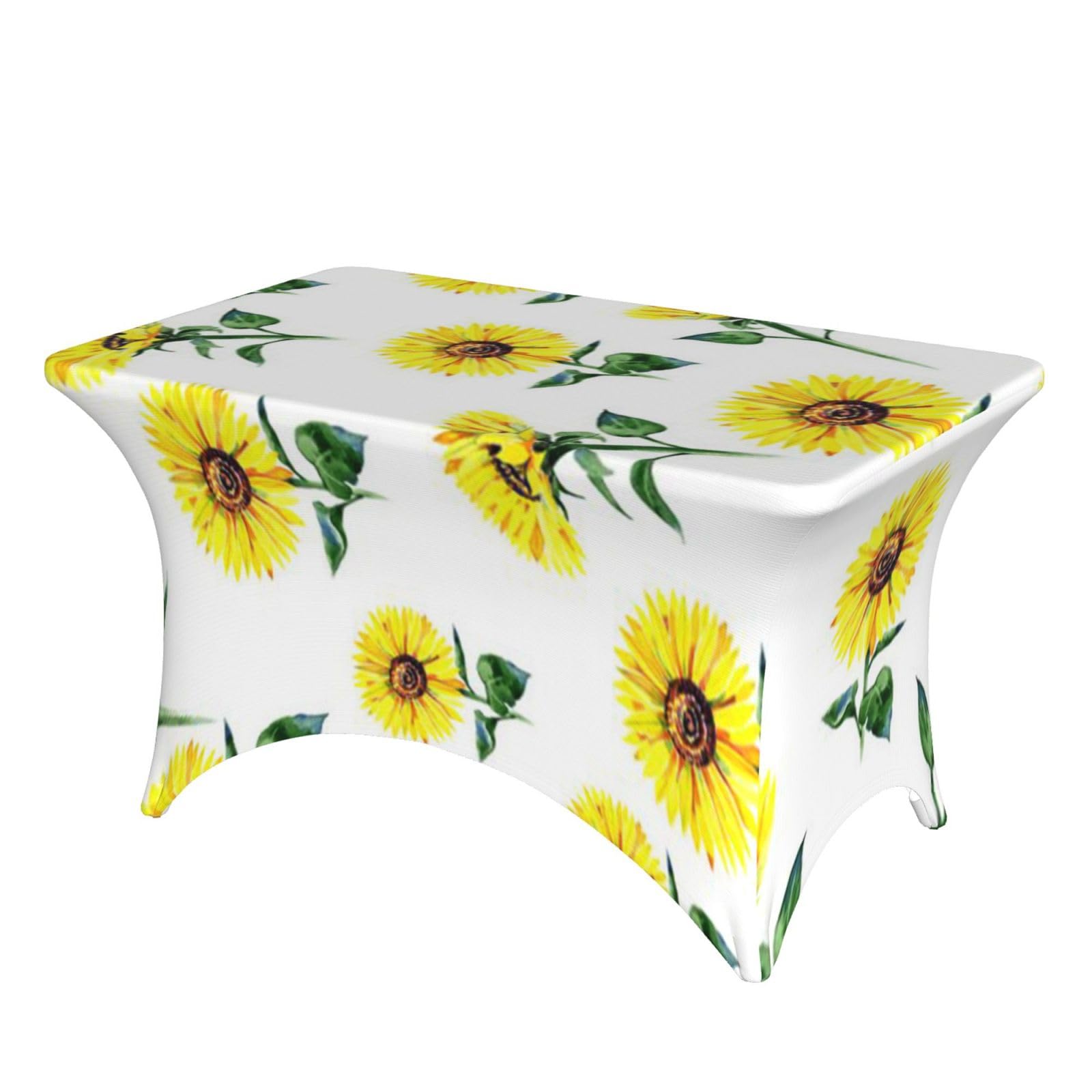 Dcehgew Summer Sunflowers 4Ft Spandex Rectangular Table Cloth, Printed Fitted Elastic Tablecloths Washable Table Cover For Event, Wedding, Banquet & Party