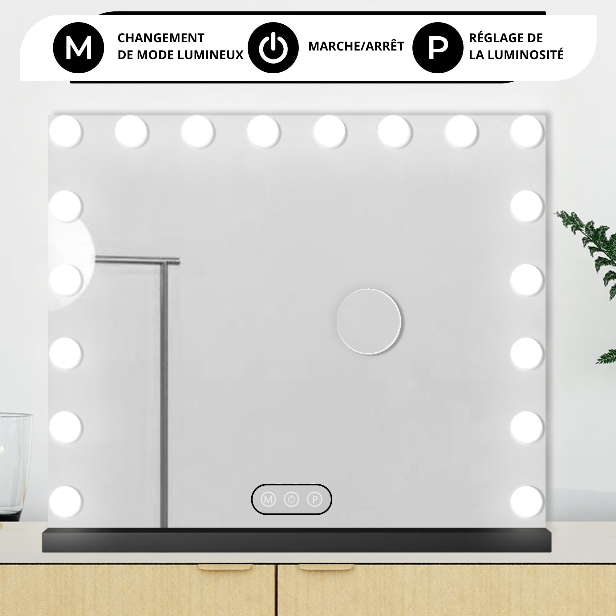 Bayt Miroir Maquillage Hollywood avec Éclairage 80x60 cm – Miroir LED Dimmable avec Grossissement 10x – Noir