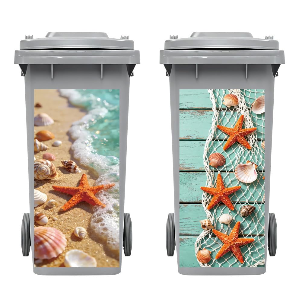 Peacoblue Wheelie Bin Stickers 2 Sheets Starfish and Seashells Sticky Dustbin Stickers Decals, 15"x 32" Waterproof Large Wraps for Bins, Fridge, Wall Outdoor Indoor,Garden, Home Decoration Decor