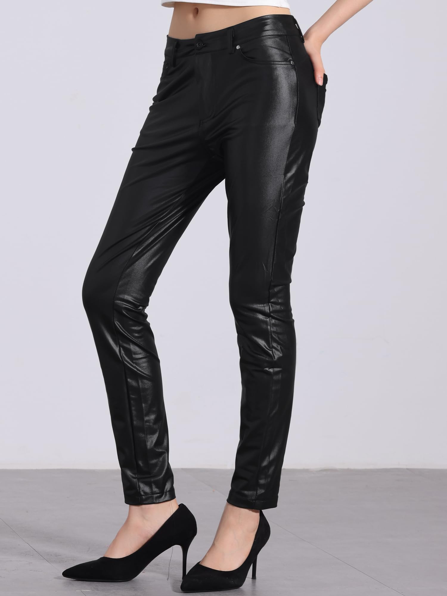 Allegra K Pantalon en Similicuir Femme Taille Haute Extensible Coupe Slim Legging Pantalons en PU Moto