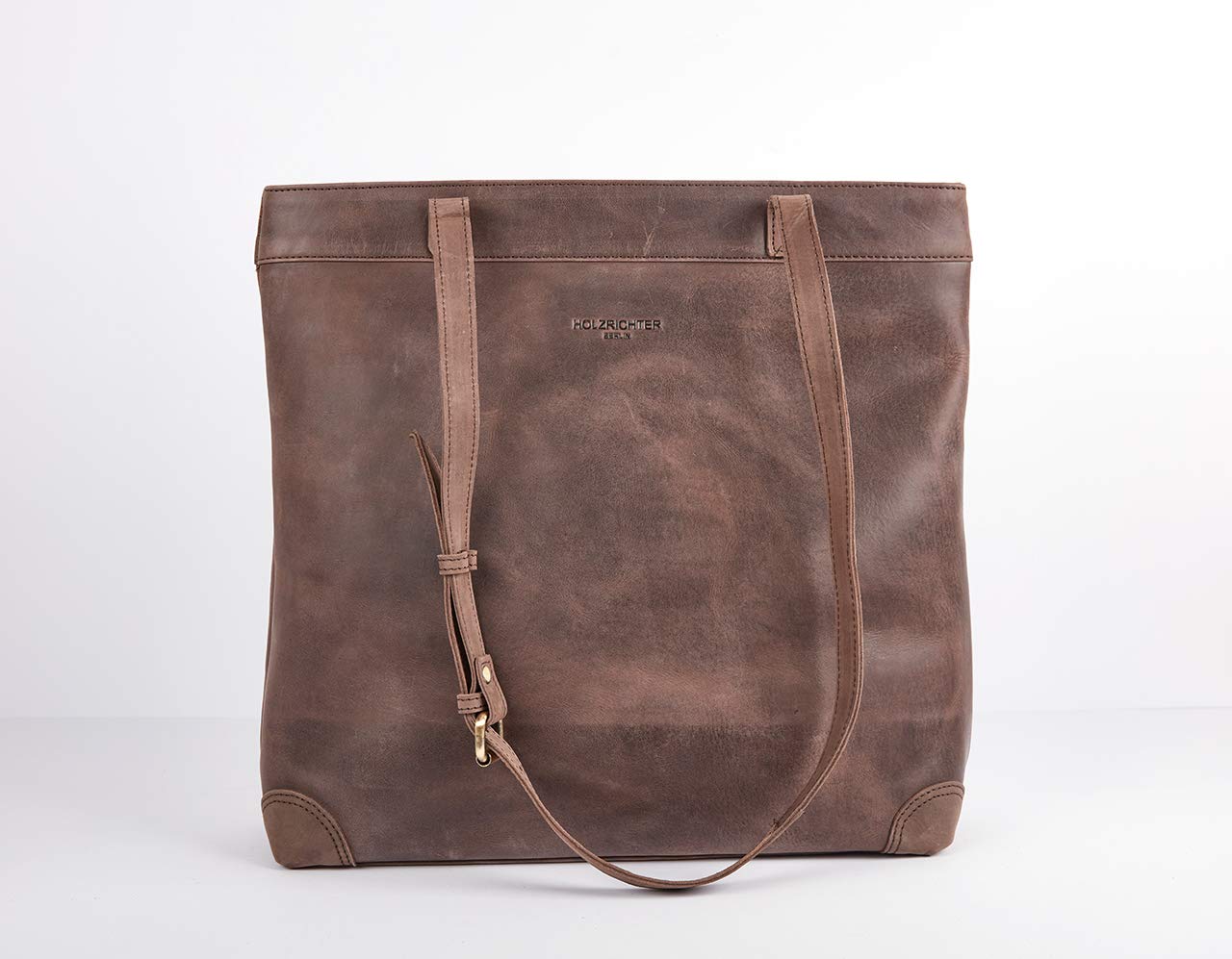 HOLZRICHTER Berlin - Shopper aus Leder No 1-1, Schultertasche 36x35x10cm, Echtleder Einkaufstasche für Damen in Braun, Dunkelbraun