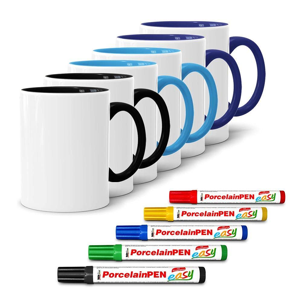 Bastel-Tassen ohne Druck zum Bemalen aus Hochwertiger Keramik Einzeln oder im Set/Mug/Cup/Becher/Pott - Farbset #8 6er Set mit Porzellanmalstifte