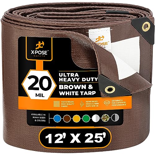 Xpose Safety 12' x 25' Brown/White Ultra Heavy Duty Tarp - 20 Mil Heavy Duty Waterproof 10x20 - Extra Large, Waterproof Tarp Cover Rain Camping,Tent Tarp,UV Protection,Reinforced Corners by Xpose Safety - Used condition - US$102.91