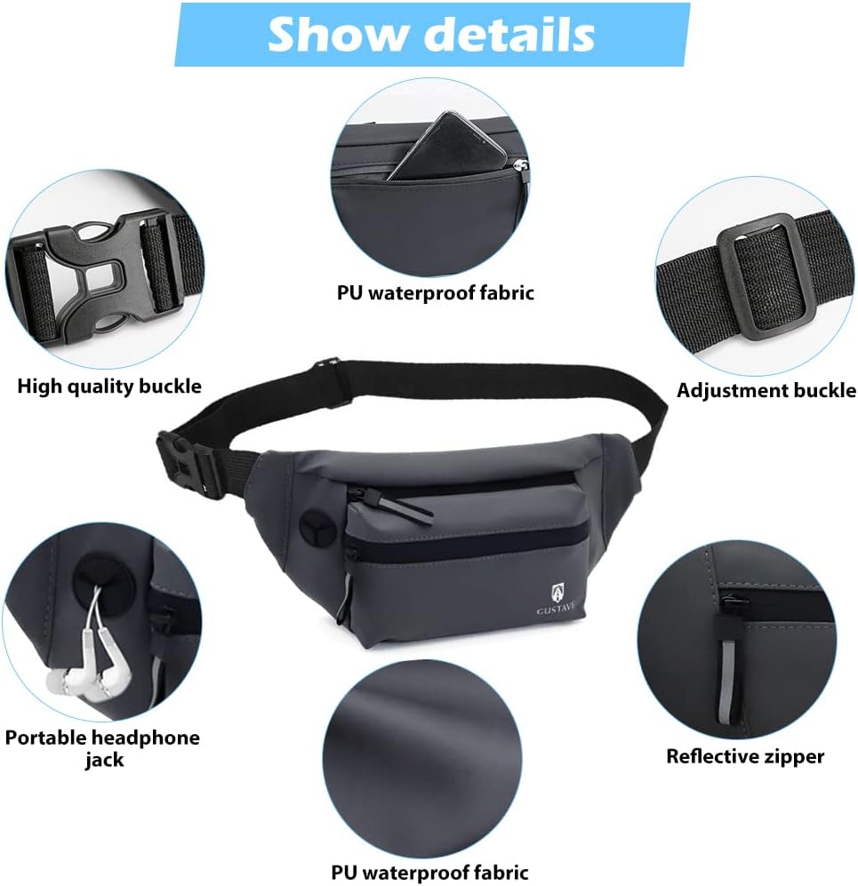 GUSTAVE® Large Fanny Pack Cross Body Pouch Travel Bag BumBag Waist Bags Men Women Waterproof Sling Backpack Chest Bag