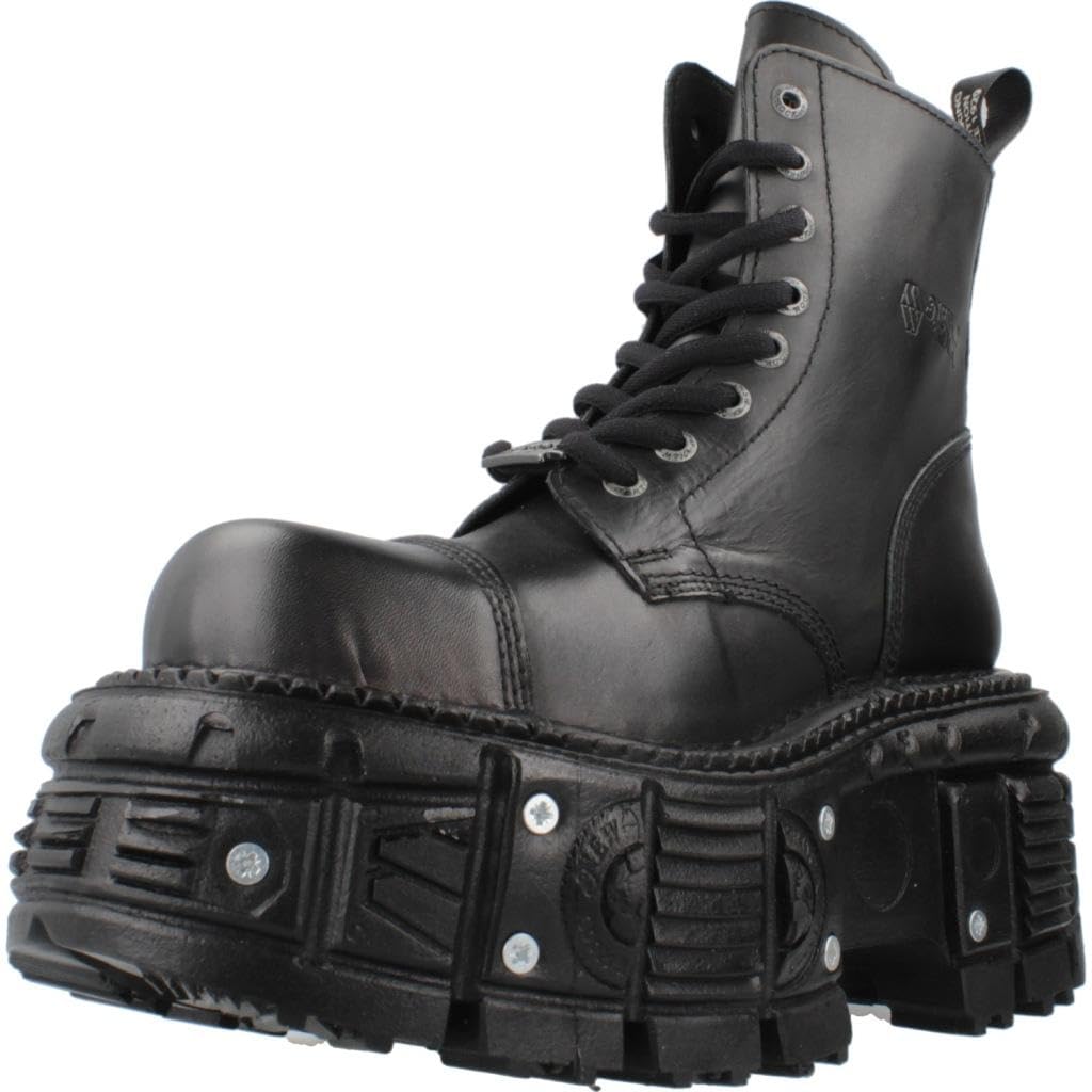 M-NEWMILI083-VS2 Vegan Leather Unisex Metallic Combat Boots Black Military Goth Punk Platform Shoes