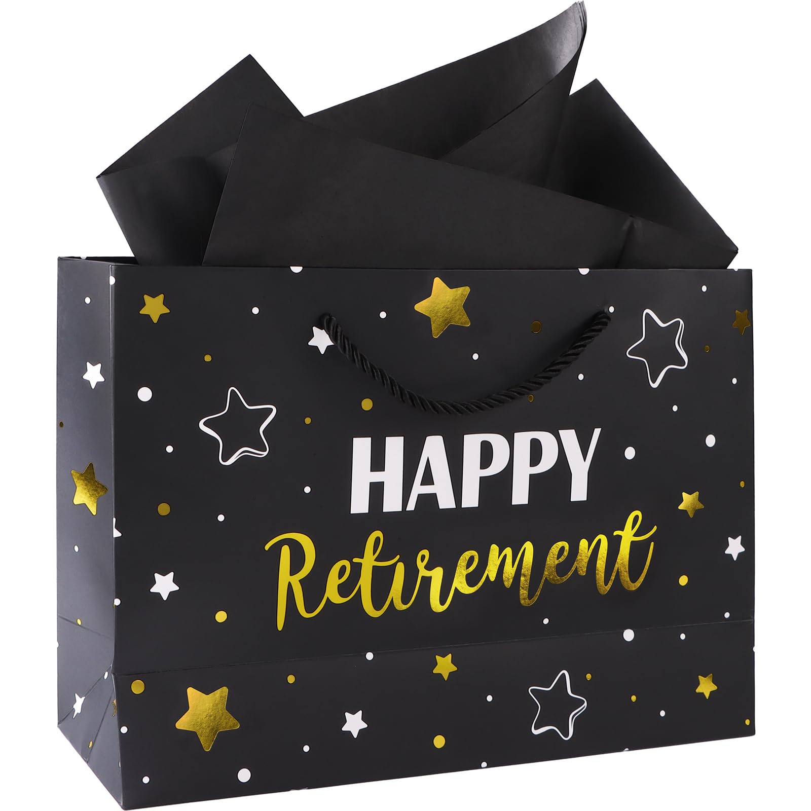 Retirement Gift Bag with Tissue Paper for Men Women Black Gold Happy Retirement Gift Bag for Male Colleague Gifts 11"Lx4"Wx8"H