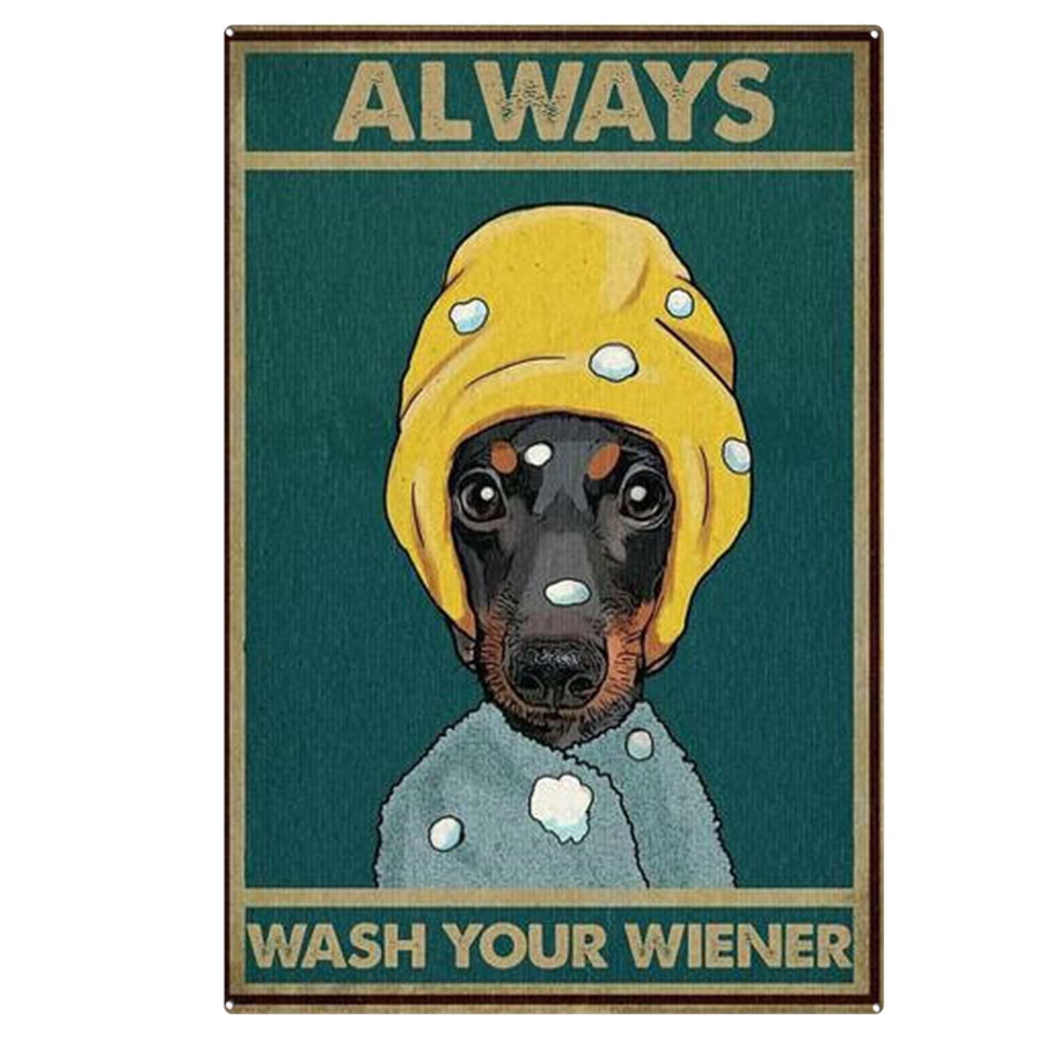 Targa in metallo vintage con scritta Always Wash Your Wiener (lingua italiana non garantita), decorazione da bagno, 30 x 20 cm