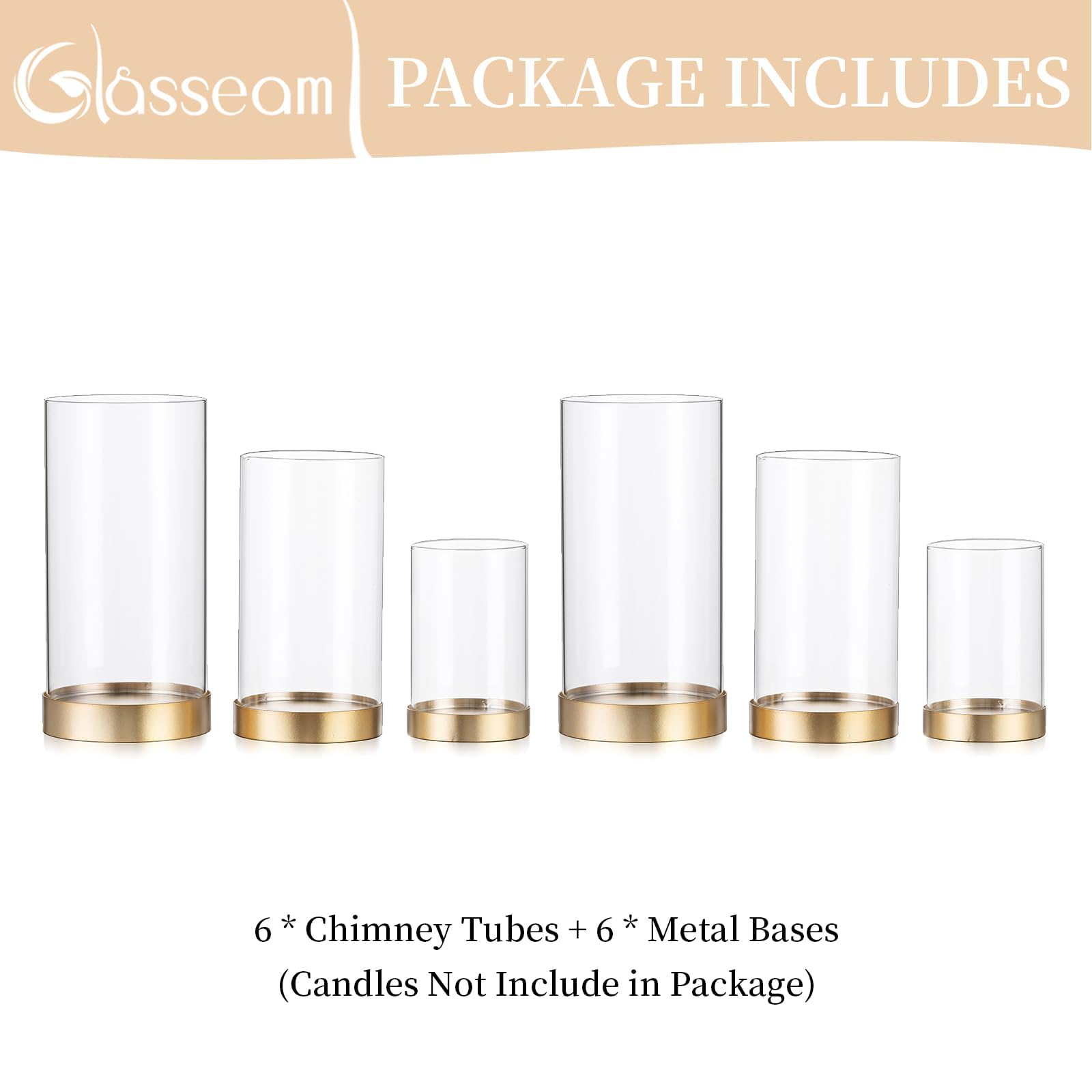 Glasseam Windlicht Glas Kerzenhalter: 6er Set Groß Gold Kerzenständer Mit Glaszylinder für Wohnzimmer Deko, Outdoor, Weihnachten, Hochzeit Dekoration