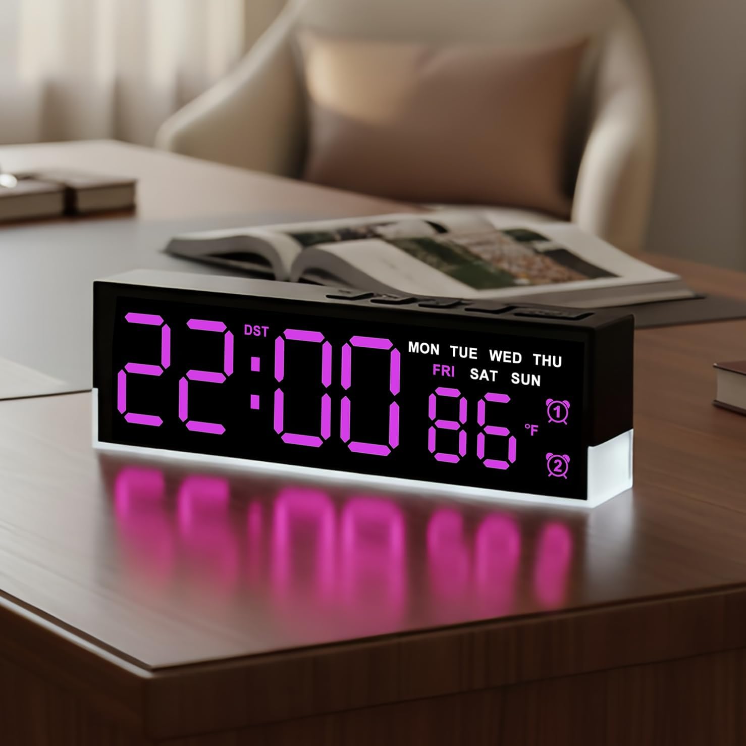 7-Inch Modern LED Digital Alarm Clock with Dual Alarms & Soft Bottom Light｜Displays Time, Date, Day, Temperature｜3-Level Auto/Manual Brightness, DST, USB or Battery Powered Desk Clock,Rose-Red