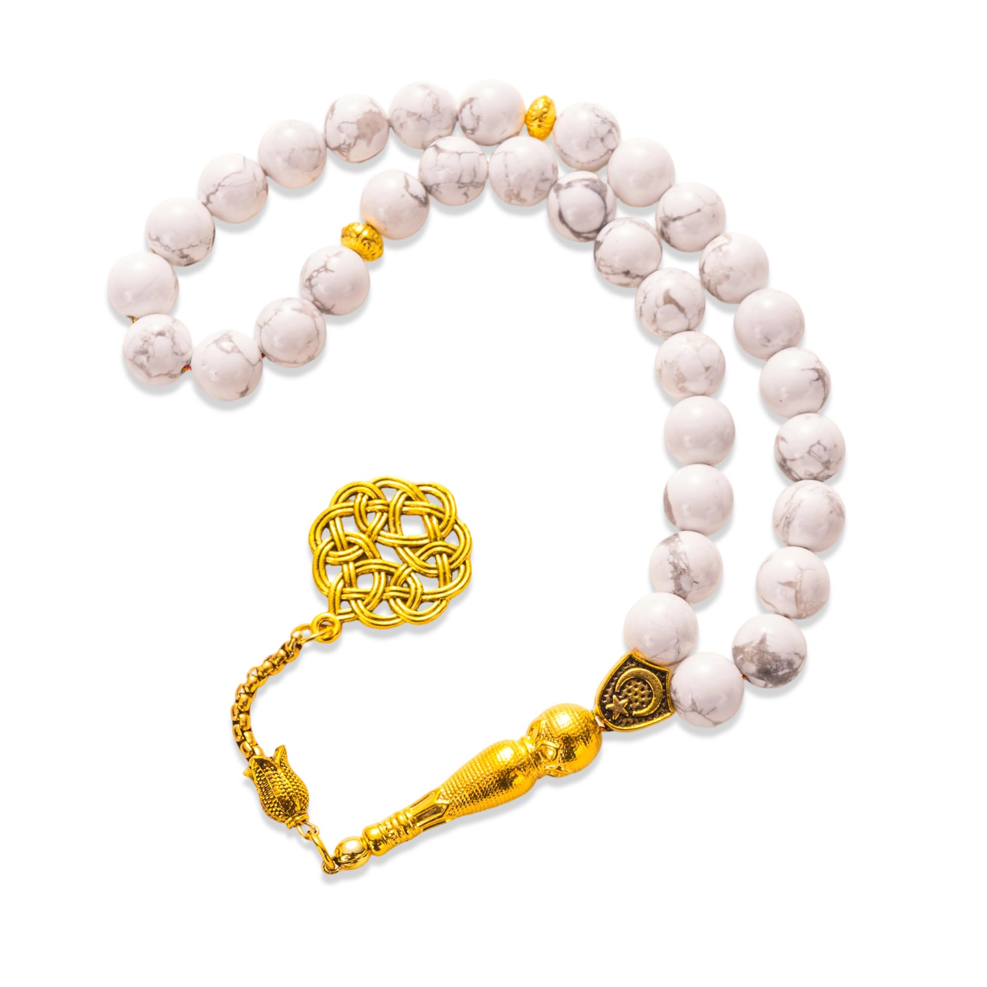 Natural White Turquoise 33-Bead Islamic Prayer Beads Tasbih | Handcrafted White Stone Misbaha with Gold-Tone Tassel | Elegant Gift Box | Ideal Ramadan/Eid/Birthday Gifts for Men & Women