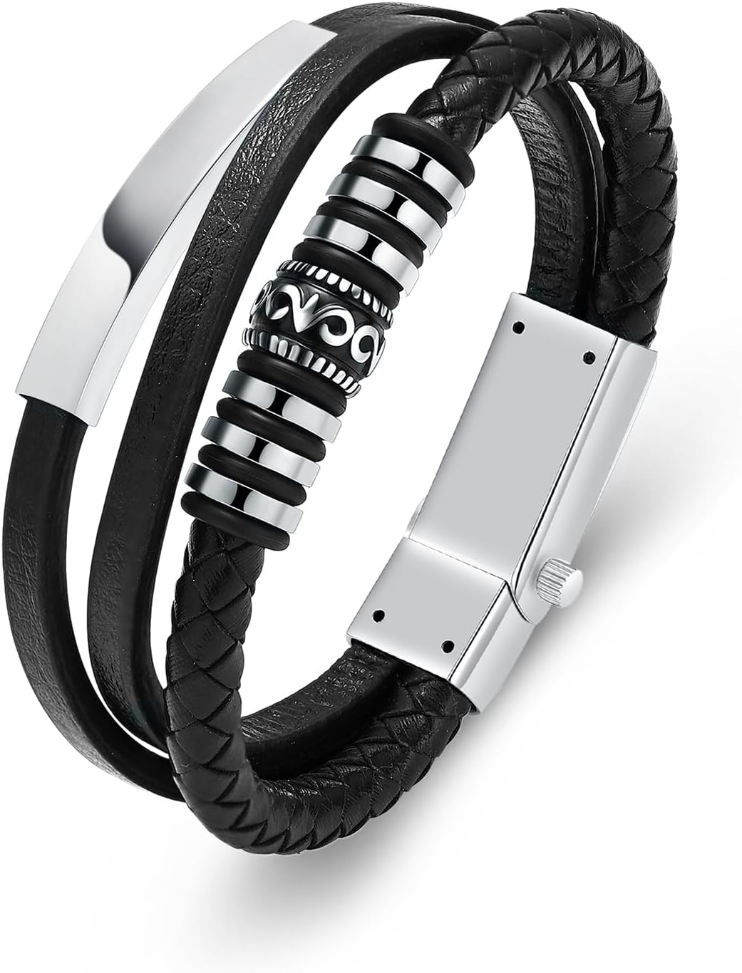 Personalized Irregular Leather Stainless Steel Bracelet for Ashes for Men Black/Silver Color Accessories Cremation Jewelry With Funnel Kit & Bag