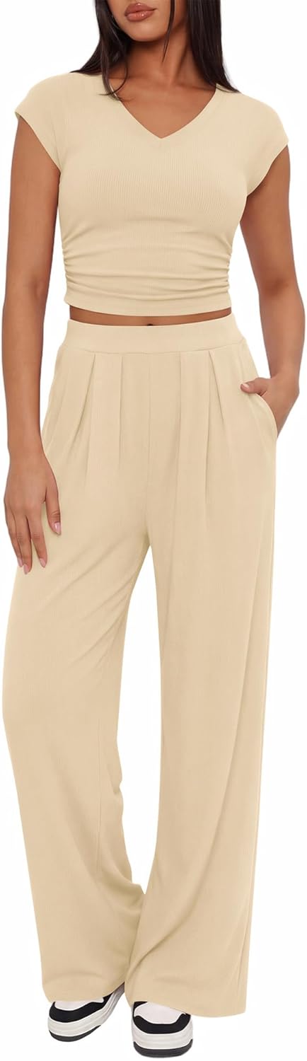 BTFBM Womens 2 Piece Outfits Spring 2026 V Neck Cap Sleeve Ruched Top Wide Leg Pants Sets Rib Knit Lounge Matching Set