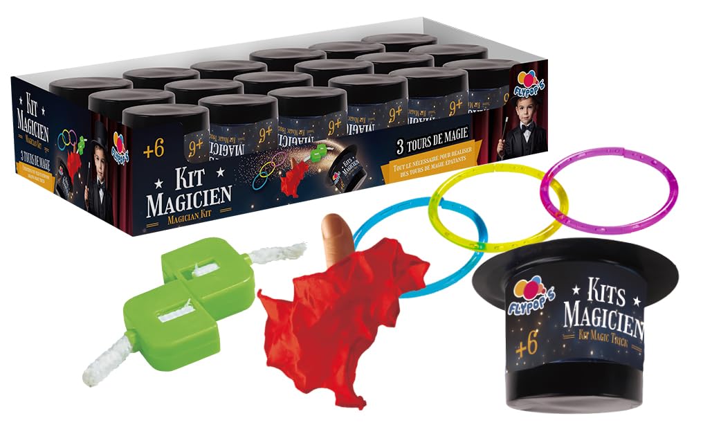 FLYPOP'S - Pacco da 12 Kit di 3 Trucchi Magici - Piccolo Mago - 141929PA - Nero - Plastica - Giocattolo per Bambini - Regalo - Illusione - Compleanno - Principiante - Spettacolo - A partire dai 6 anni