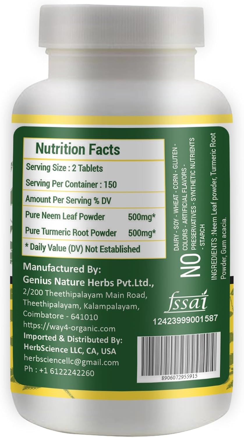 Neem Turmeric Capsules(Tablets) - High-Potency Azadirachta Indica Tablets, Neem Leaves and Turmeric in Equal Ratio - 300 Tablets, 150 Serving, 1000 Mg. Pack of 2.