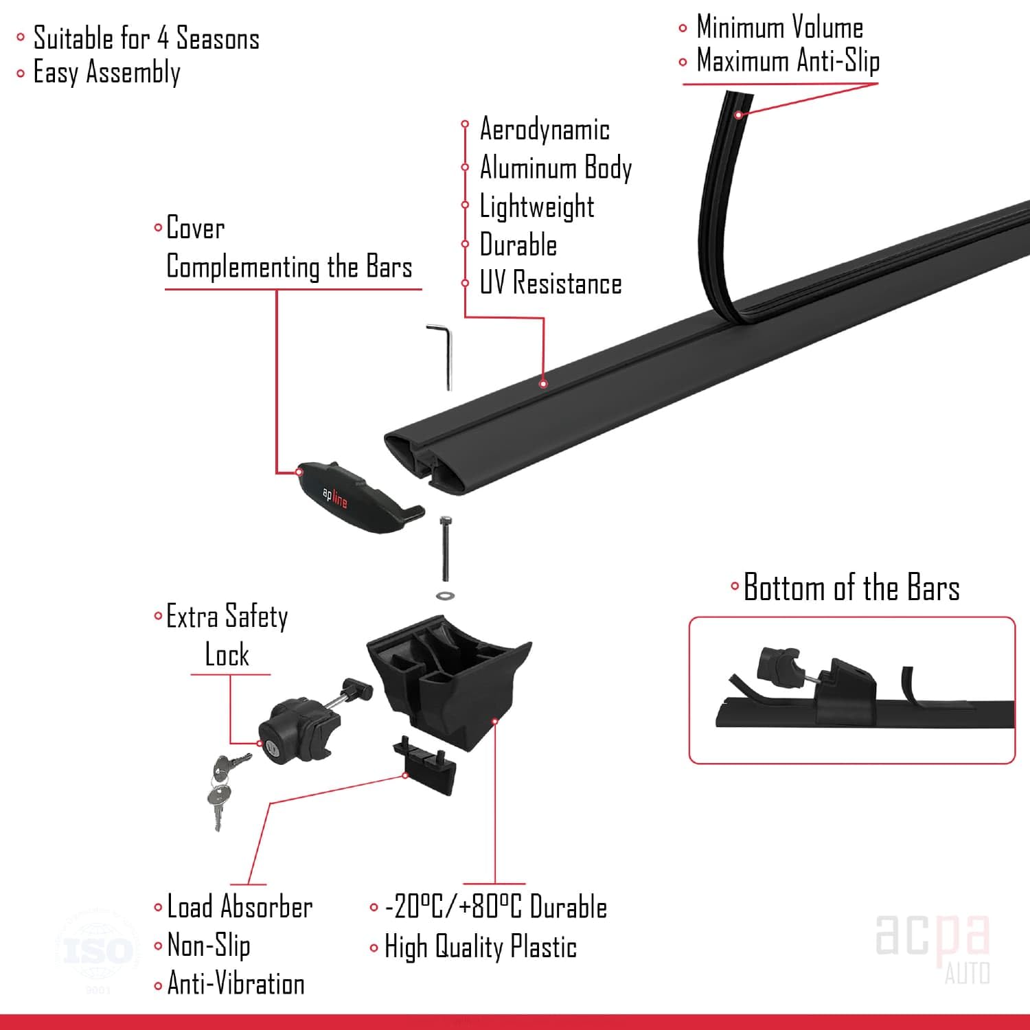 Compatible con Toyota Auris Touring Sport 2013-2023 Baca Hook portaequipajes con llave de aluminio negro